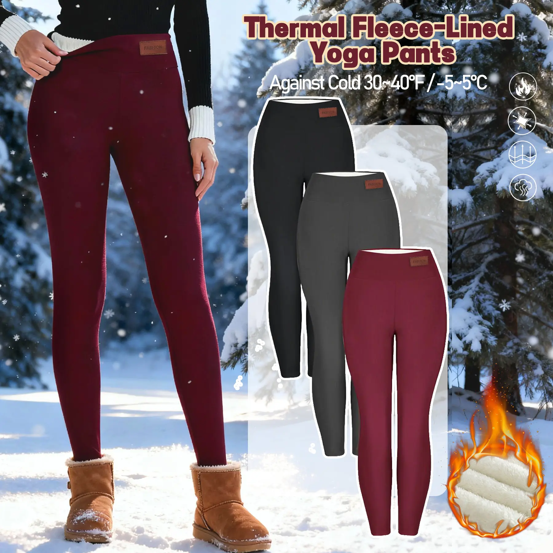 Women's Chic Athletic Thermal Pants - Plain High-Waist Stretchy Slim-Fit, Preppy Sherpa Fleece-Lined Full Length Warmer Leggings tiktokshopbacktoschool,back to school,back to school haul
