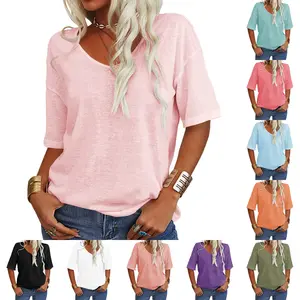 LAICIGO Womens Summer Basic Short Sleeve Solid Color T-Shirt Simple Style Fashion V-Neck Half Sleeves Oversized Tee Tops