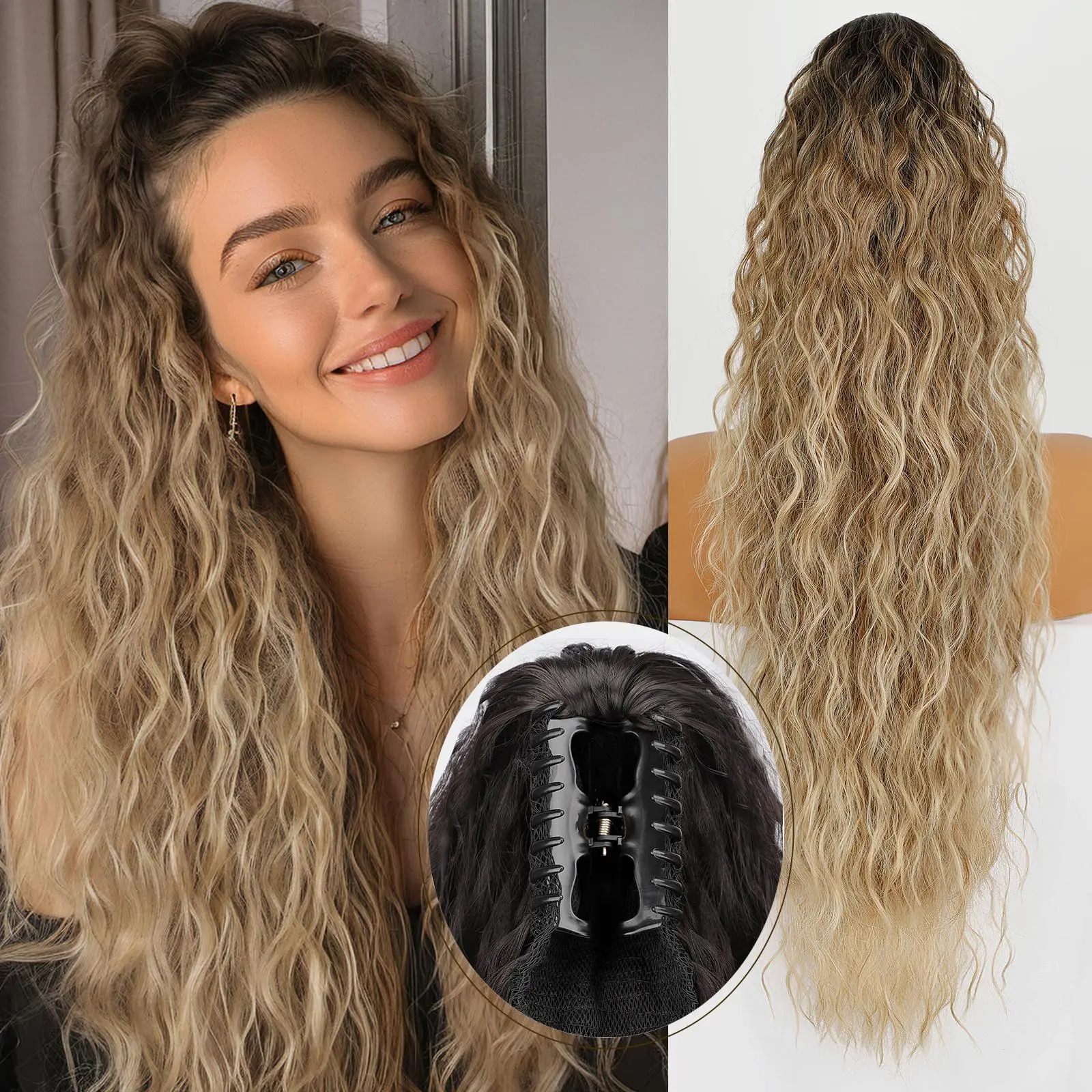 [DEALS FOR YOU]HIUSVO Hair Extension Claw Ponytail 30 Inch Long Curly Pony Tail Clip in Claw Hair Extensions Fluffy Natural Looking Synthetic Hairpiece for Women