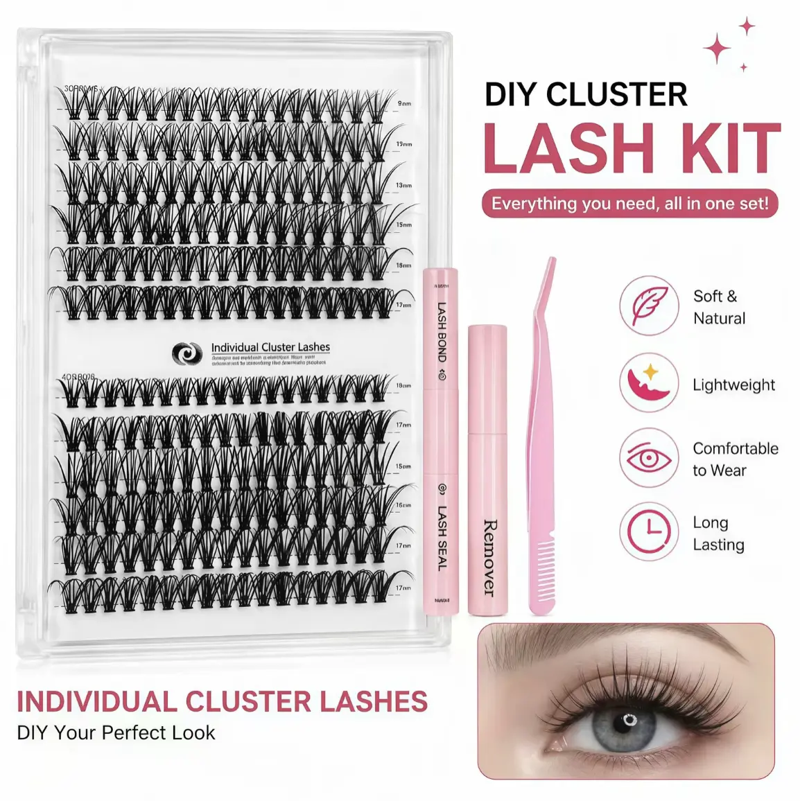 Lash Clusters Kit 30D/40D Natural IndividualLashesWispy Eyelash Extensions DIY LashExtension Kit LashBond and Seal Waterproof,Lash Applicator, ThickFalse Eyelashes Kit