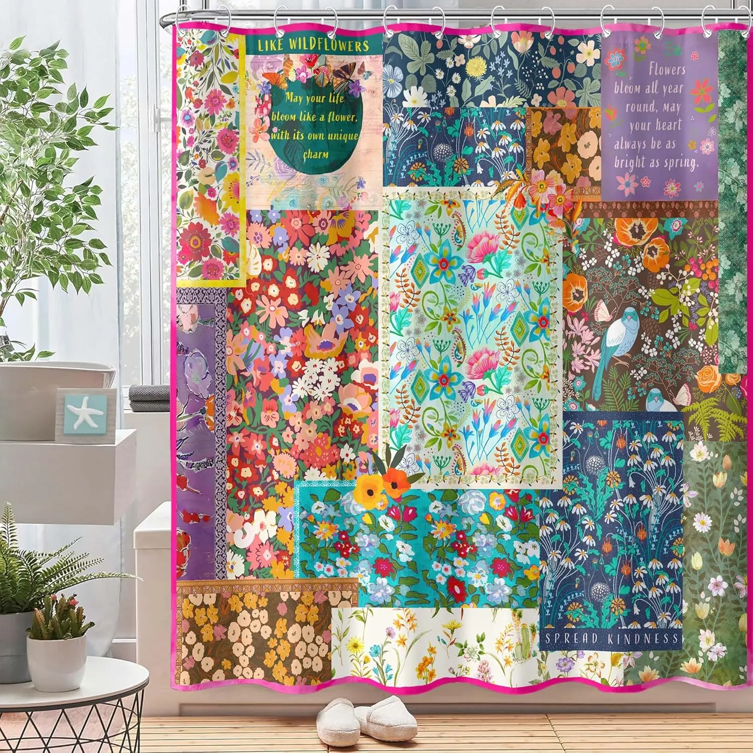 Multicolor Boho Patchwork Flower Garden Straight Shower Curtain - Waterproof Polyester Bathroom Decor with Hooks, Vintage Retro Bohemian Bath Supply