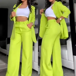 Elegant Neon Green Blazer Jacket & Fitted Straight Pants Suit with Pockets Solid Color Split Sleeves for Women