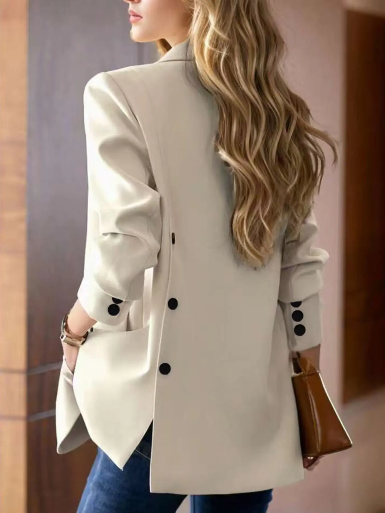 Women's Fashionable Western Style Elegant Formal Wear, Fitted Button Up Blazer Suit Jacket Design, Long Sleeve, Button, Collared, Polyester, Versatile for Dating & Commuting, Solid Button Blazer, New Arrival Women's Outerwear