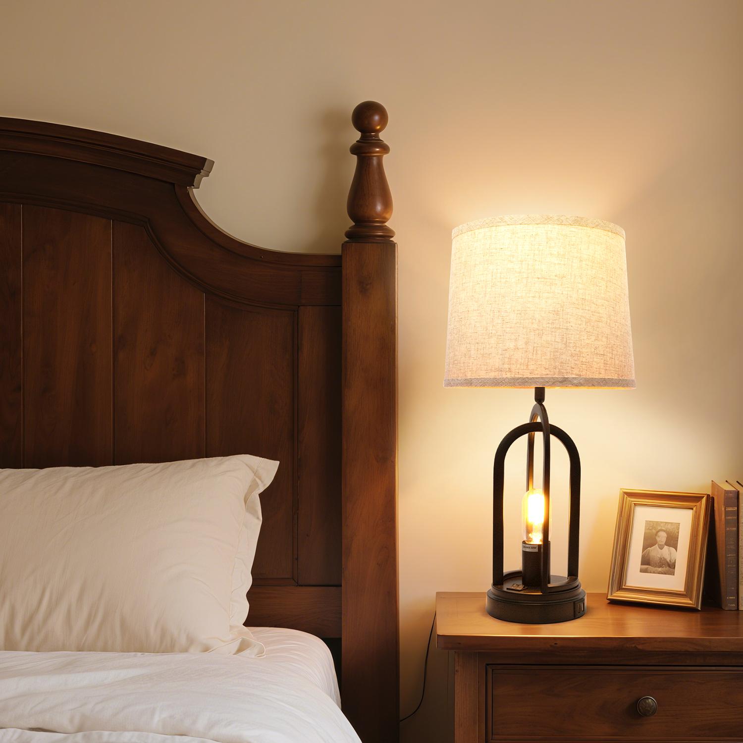 GLITGATE Set of 2 Rustic-Style Table Lamp, Natural Table Lamp with 2 USB Ports, Bedside Table Lamp with Button Control, Modern Night stand Lamp, Desk Farmhouse Lamp with Fabric Shad For Bedroom, Living Room, Reading, Decorative Home