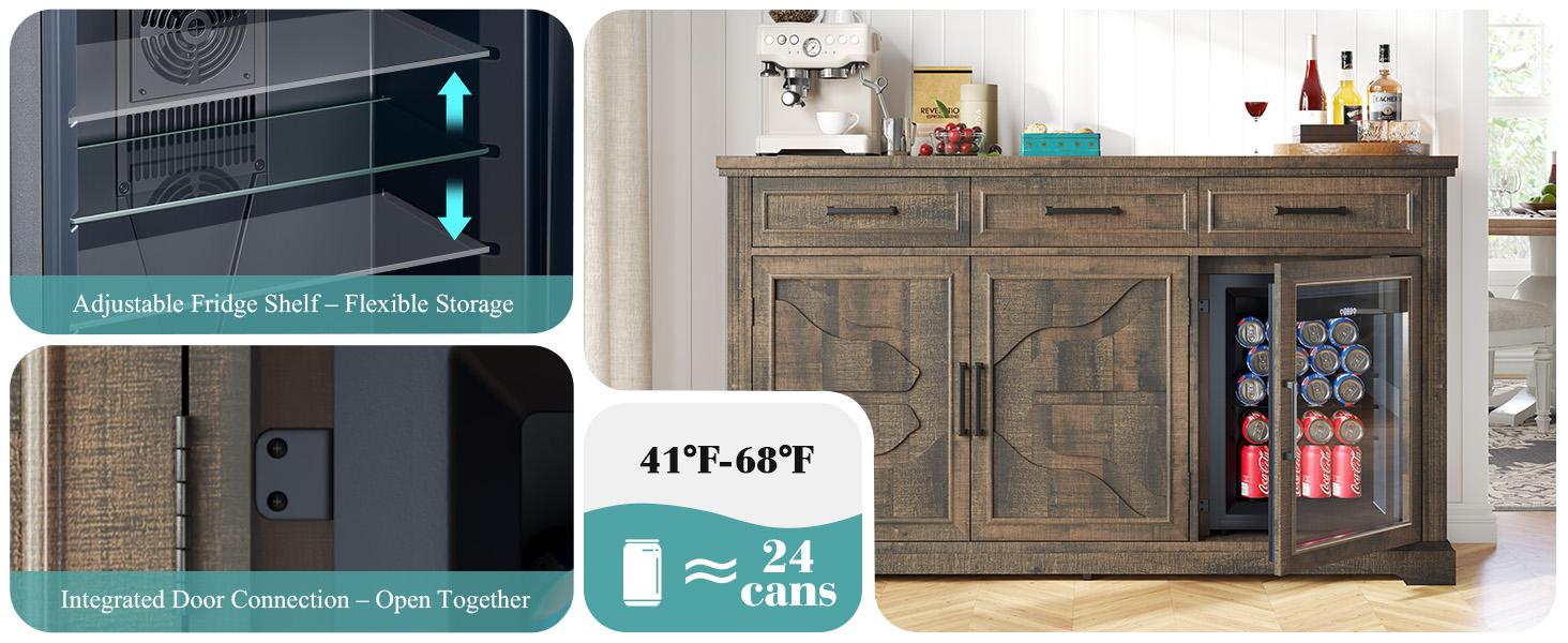 [Ships in 2 Boxes] AMERLIFE 60" Farmhouse Coffee Bar Cabinet with Beverage Fridge (Included), Wine Bar Cabinet with Drawer Storage, Mini Fridge Cabinet, Sideboard Cabinet for Dining Room, Living Room