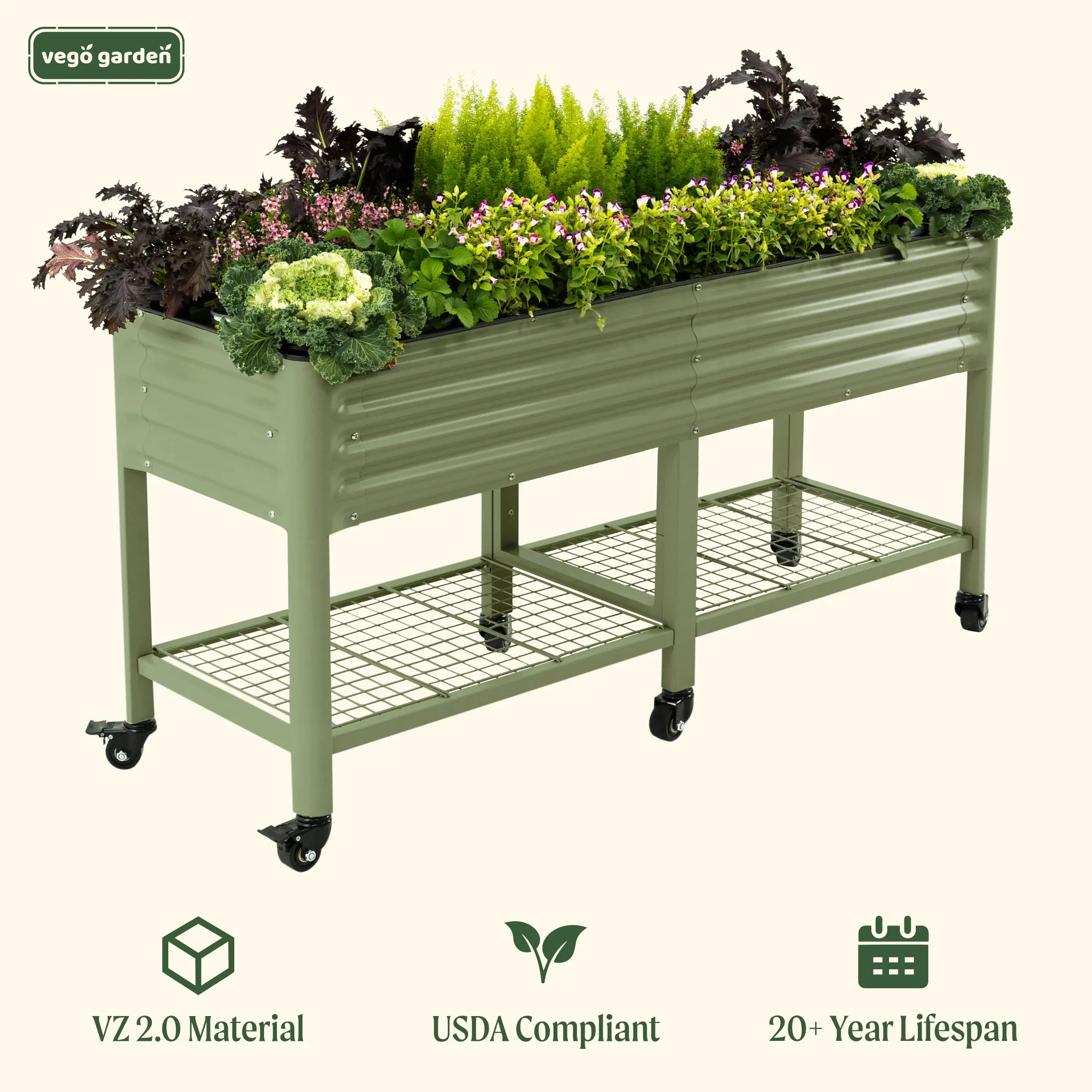 Vego Garden V-Series Rectangular Rolling Elevated Raised Garden Bed - Lockable Wheels, Storage Rack, 700 Lbs Capacity, Heavy-Duty Olive Green Elevated Planting Boxes for Patio/Porch Vegetables, Flowers, Herbs (2' x 4' Without Wheels Option Available)