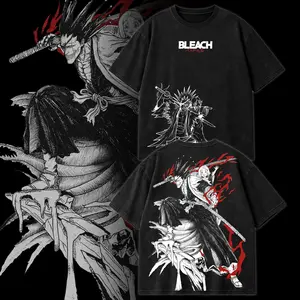 Kenpachi Zaraki Bleach Anime Shirt Washed – Bleach Manga Graphic Tee Vintage Washed Heavy Cotton Oversized Anime T-Shirt, Kenpachi Zaraki and Yachiru Kusajishi Design, Soul Reaper Captain Anime Streetwear Retro Unisex Otaku Fan Tee