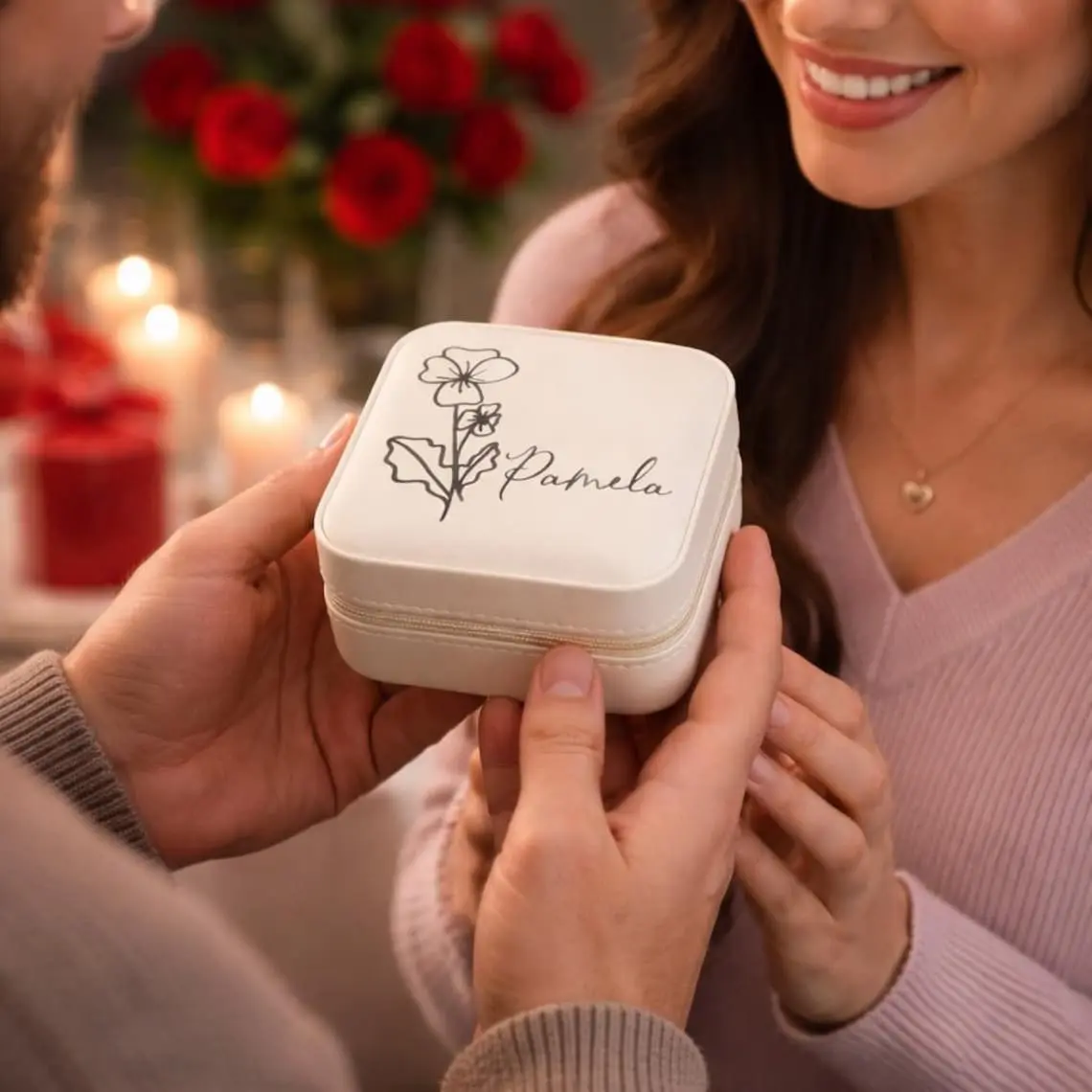 Customizable Floral Birth Flower Jewelry Box with Custom Name, 2-Color Travel-Safe White Box with Gold Text, Thoughtful Valentine’s Day Gift for Wife, Home Organizer Storage Case, White Box /Gold Text