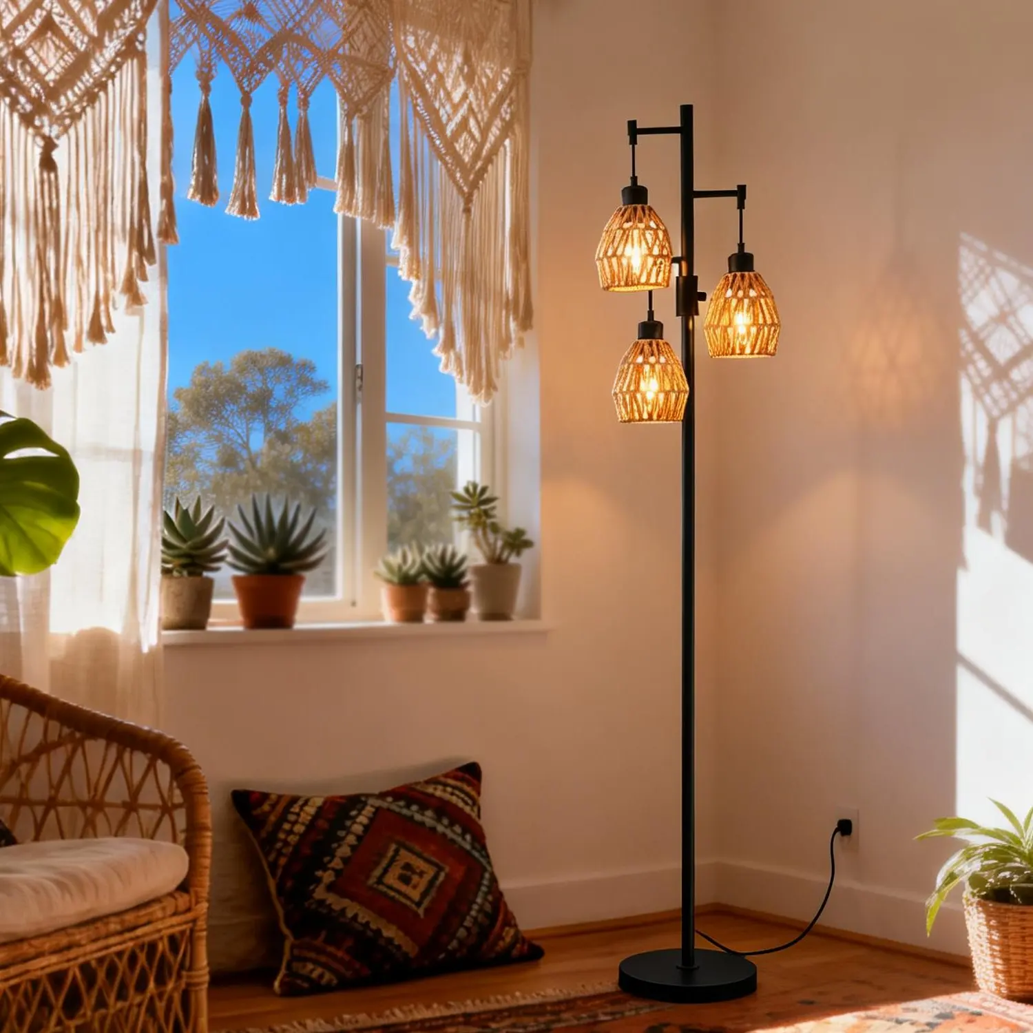 DEMILARE Bohemian Boho Rustic Metal & Rattan Shade Floor Lamp - 70in Tall Adjustable Standing Light, 3×9w 900LM LED Bulbs, Pedal Switch, AC Power Supply, Full Illumination Indoor Lamp for Living Room, House Decor, Book Nook,back to school shopping