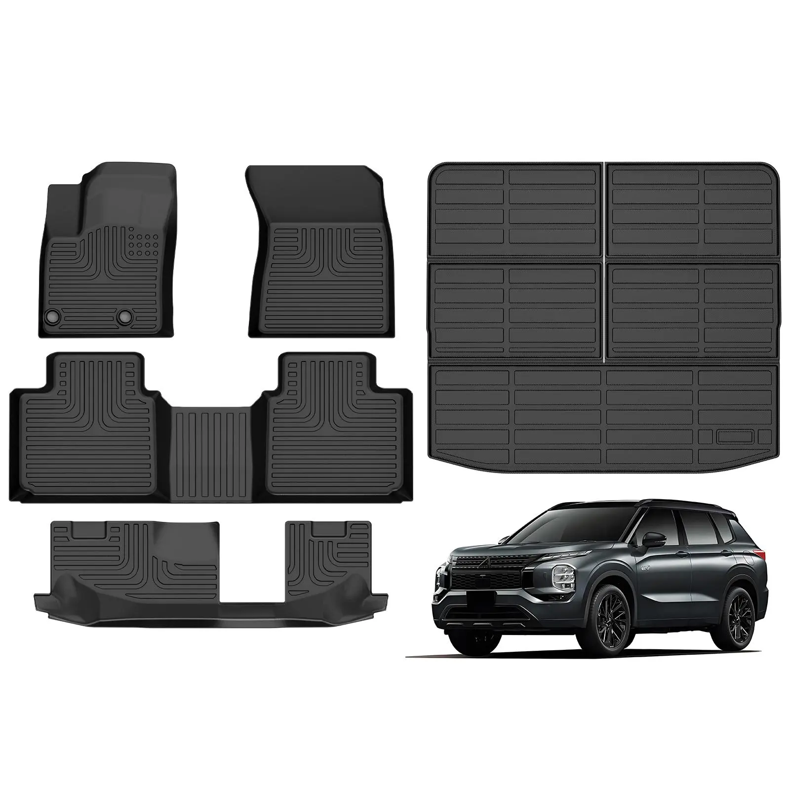 COLANAT Custom Fit Floor Mats & Cargo Liner Set, Car Interior Accessory for Mitsubishi Outlander 2022-2025 (7-Seat Gas Only - Not PHEV) SUV, All-Weather 3-Row 3D Scanned Full Coverage High Edge Waterproof Odorless Liners, Black