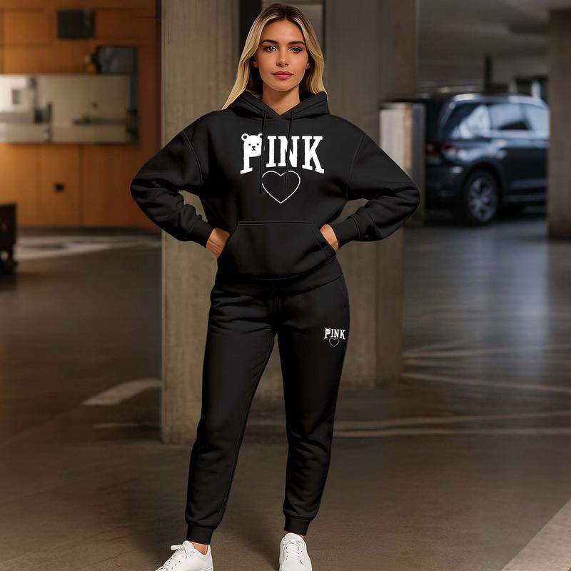 Women's Bear Pink Print Hoodie And Drawstring Track Pants Set, Casual Sportswear, Long-Sleeved Hooded Jacket And Pants, Suitable For Autumn And Winter, Everyday Wear, Indoor And Outdoor Sportswear, Casual Sportswear.