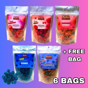 Mando Munchies Ultimate Sour Gusher Bundle 6 Bags - Sour Blue Razz, Watermelon, Cherry, Strawberry & Cotton Candy Gusher - Viral Sour Candy