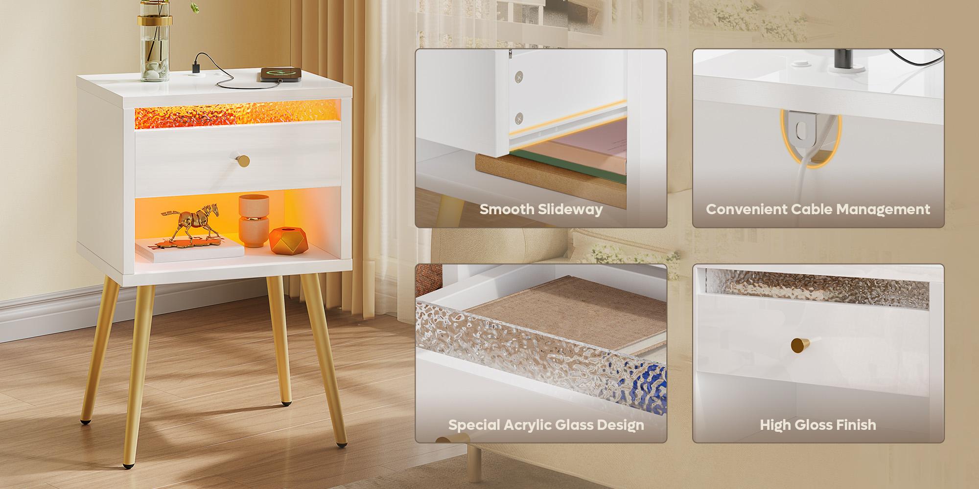 Pinmoco Set of 2 LED Nightstand with Charging Station, Modern Bedside Table with Drawer and Open Storage for Bedroom