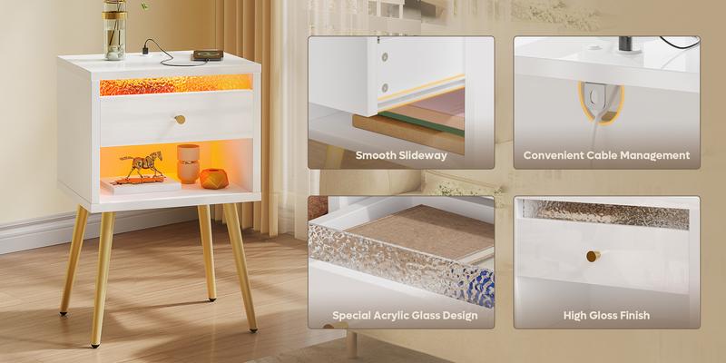 Pinmoco Set of 2 LED Nightstand with Charging Station, Modern Bedside Table with Drawer and Open Storage for Bedroom