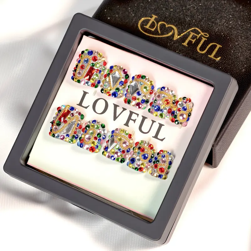 Lovful K21 Short Length 0.8" Bling Design Handmade Acrylic Press-On Nails for Nail Art & Care , Reusable, Salon Quality Rhinestone Glue Beauty Products #SohoChic