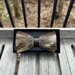 Elegant Brown Feather Bow Tie with Subtle Blue Accents - Kruque