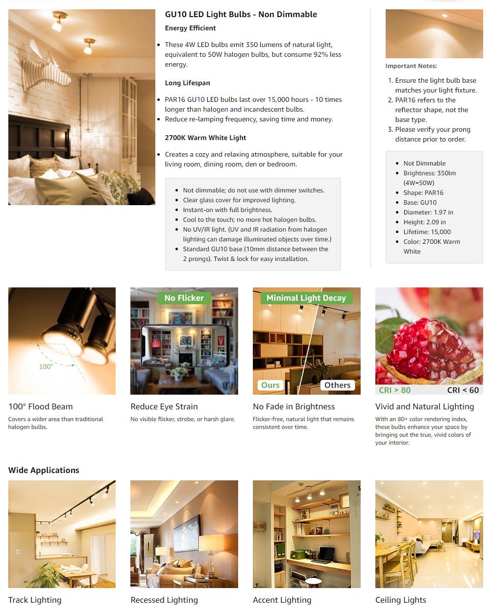 LE GU10 LED Light Bulbs Non-Dimmable, 2700K Soft Warm Light GU10 Bulb Replacement for Recessed Track Lighting, 4W LED Bulbs with 100°Flood Beam for Kitchen, Range Hood, Living Room, Bedroom,