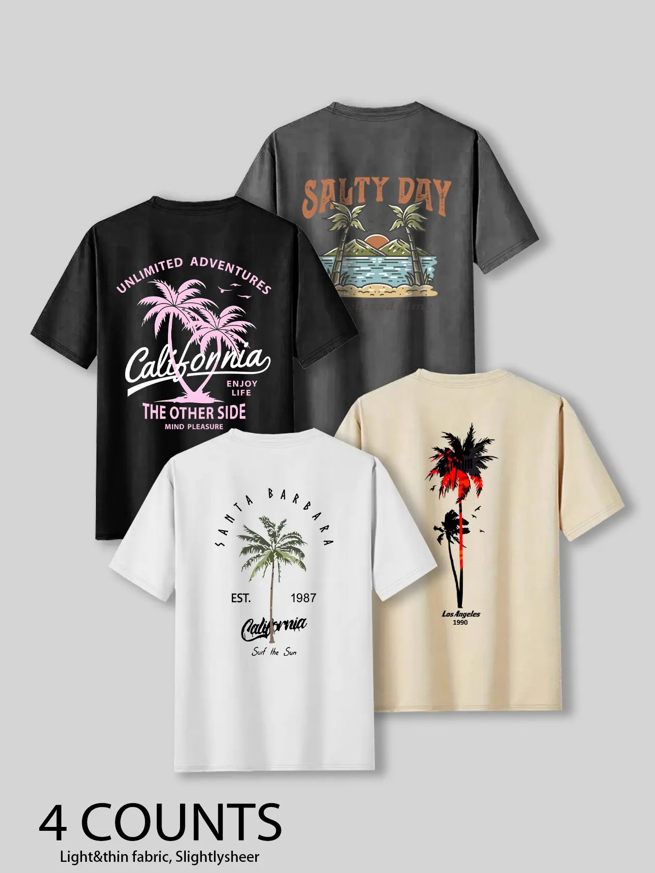 Men's Casual Vacation Style Short Sleeve T-Shirt, Coconut Tree Print, Tropical Vibe, 4-Pack, Summer Daily Wear, Comfortable and Fashionable