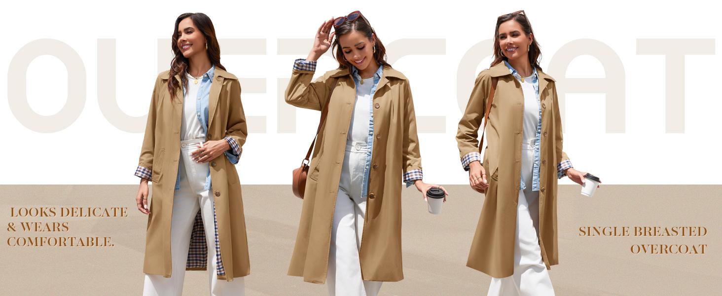 Construction detail of Women's Oversized Plaid Button-Down Trench Coat with a single-breasted front