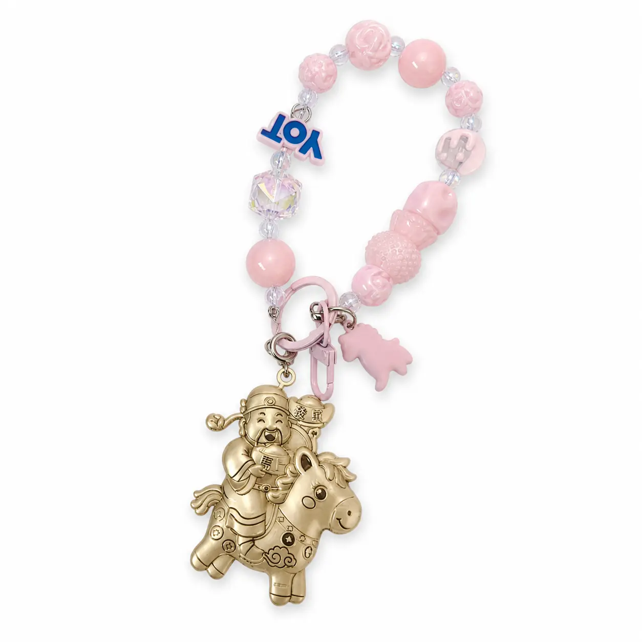 Pink Beaded God of Wealth Riding Horse Keychain