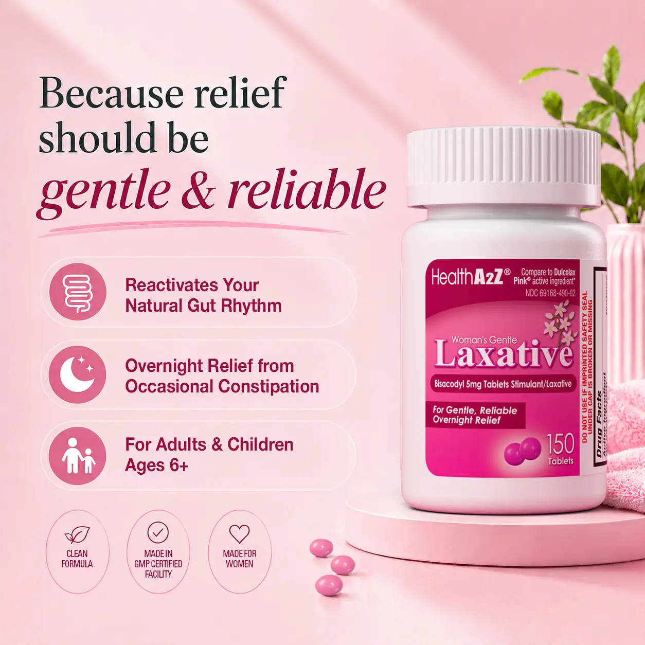 HealthA2Z Woman's Gentle Laxative | Bisacodyl Stimulant Laxative 5mg | Constipation Relief | Gentle and Reliable | Overnight Relief (150 Tablets)