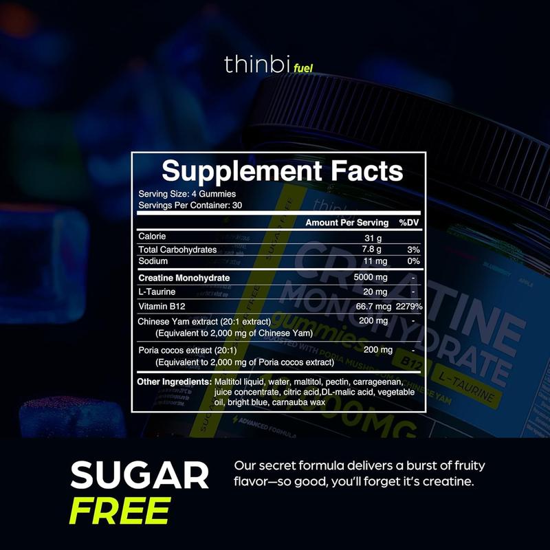 Thinbi Creatine Monohydrate Gummies 10000mg with L-Taurine & Vitamin B12 120 Sugar-Free Gummies for Muscle Strength & Energy Boost