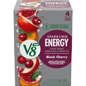 V8 +ENERGY Black Cherry Energy Drink, 11.5 fl oz Can (Pack of 4)