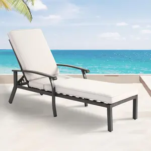 Outdoor Chaise Lounge Chair, Hand-Brushed Wood Grain Cast Aluminum Reclining Lounger with Cushion, 5-Position Adjustable Backrest, Waterproof Padded Seat, Wheels for Patio & Poolside