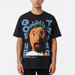 Sopula Studio Men's Diamond God We Trust Cartoon Jesus Portrait Graphic Cotton T-shirt