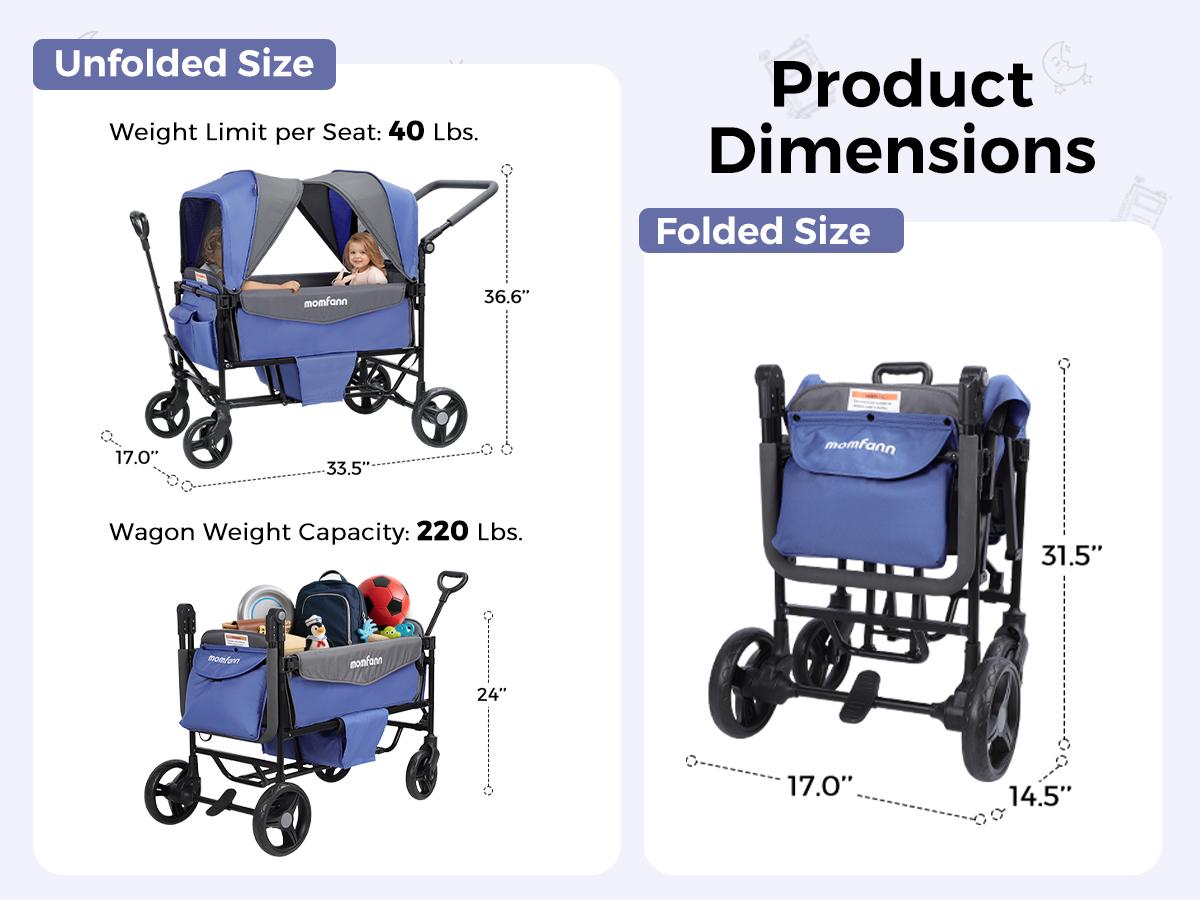 Momfann 4 in 1 Baby Stroller Wagon, All-Terrain 2 Seaters Baby Wagon with Canopy, Parent Organizer, Adjustable Handle & Pull Bar for Infants and Toddlers