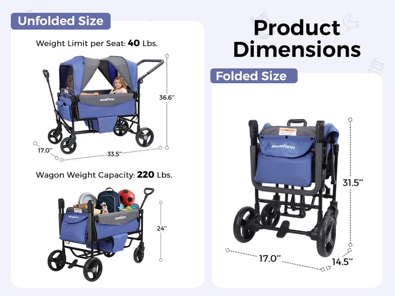 Momfann 4 in 1 Baby Stroller Wagon, All-Terrain 2 Seaters Baby Wagon with Canopy, Parent Organizer, Adjustable Handle & Pull Bar for Infants and Toddlers