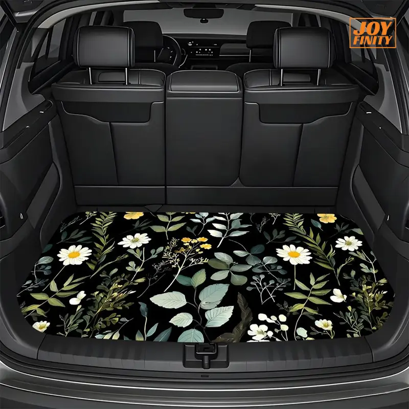 Joyfinity 1pcs iatom Mud Black Base Floral And Green Plant Pattern Car Trunk Mat, Durable And Machine Washable, Suitable for Sedans, Trucks, And Suvs, Easy to Clean, High-End Car Accessory, Fits Most Vehicles, Personalized Car Trunk Mat