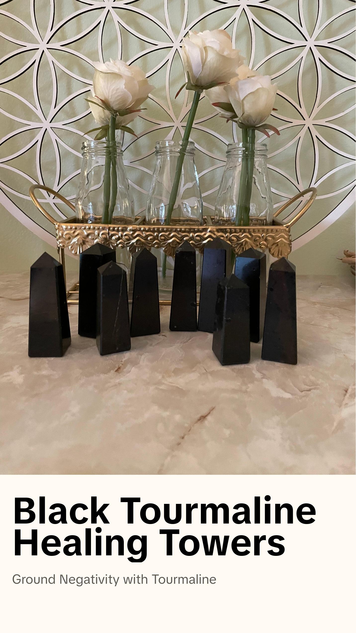 Black Tourmaline towers are approximately 2.5” tall and weigh approximately 2 ounces.