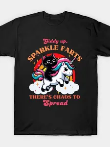 Men's Unicorn & Cat Graphic T-Shirt with SPARKLE FARTS Text & Giddy Up Design - Short Sleeve Cotton Shirt Suitable for Casual Wear, Themed Parties, Everyday Outfits