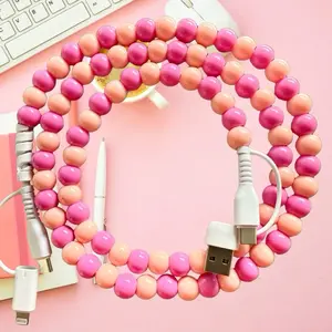 Pink 4-in-1 Beaded Fast Charging Cable with Elegant Bow Design Durable Beads for Stylish Charging 3.4FT Universal Type C Lightning USB
