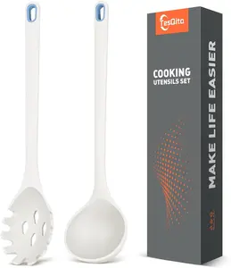 Silicone Spaghetti Spoon&Soup Ladle Cooking Utensils Set of 2,No Scratch for Nonstick Cookware,BPA Free, 450℉Heat Resistant (White)
