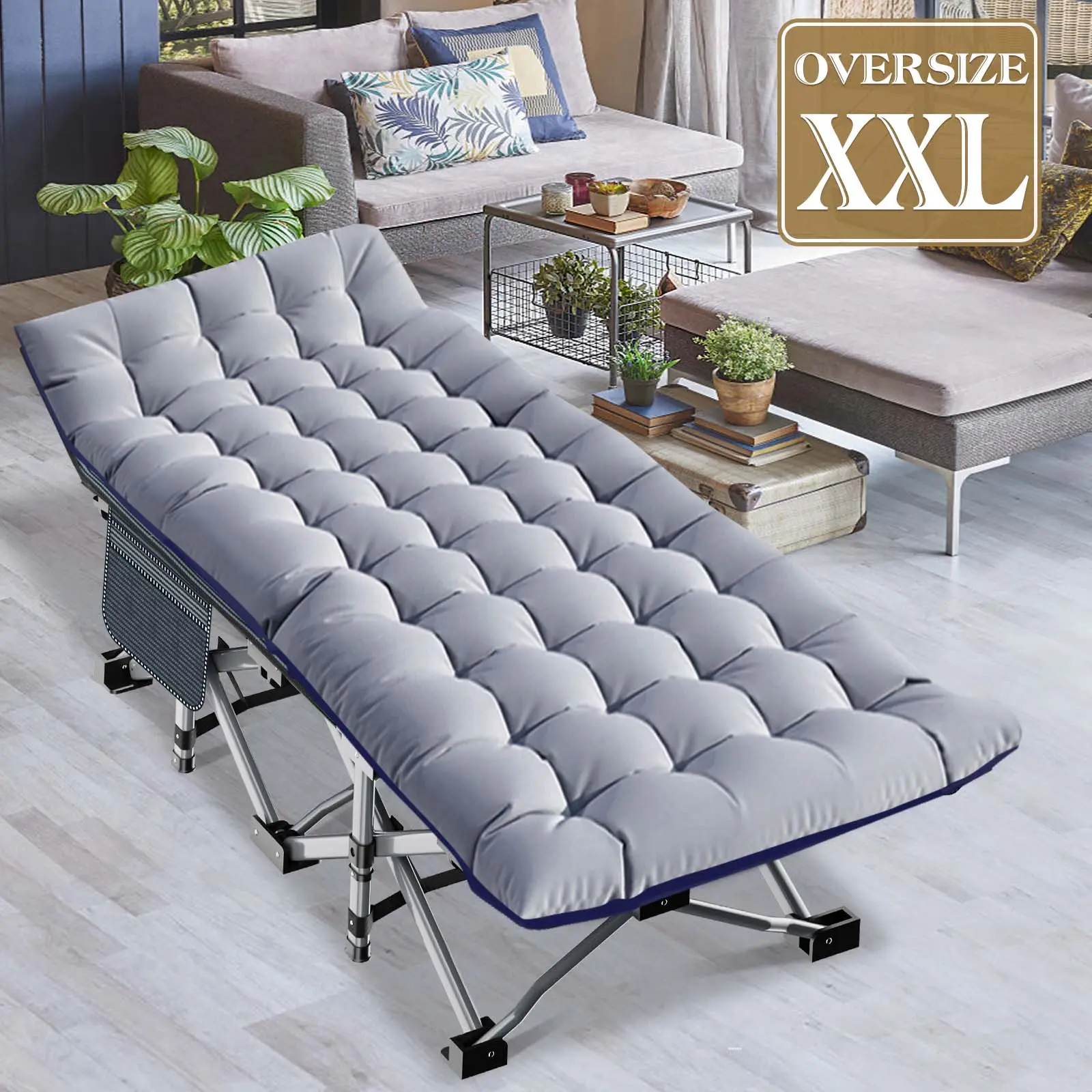Lilypelle Oversized XXL Folding Camping Cot, 75" L x 28" W x 14"H / 78" L x 32" W x 18"H Heavy Duty Sleeping Cots w/Carry Bag, Up to 990LBS, Druable Triangular Construction, Double Layer Oxford Portable Travel Camp Cots,summerwins summergarden deskmakeove