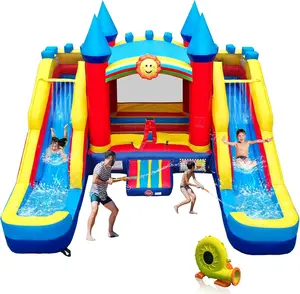Commercial Grade Water Slide Bounce House with Double Water Slides for Adults and Kids, 100% PVC Vinyl Bouncy Castle for Kids Outdoor Party w/Repairing Kit and Storage Bag (Include Blower)
