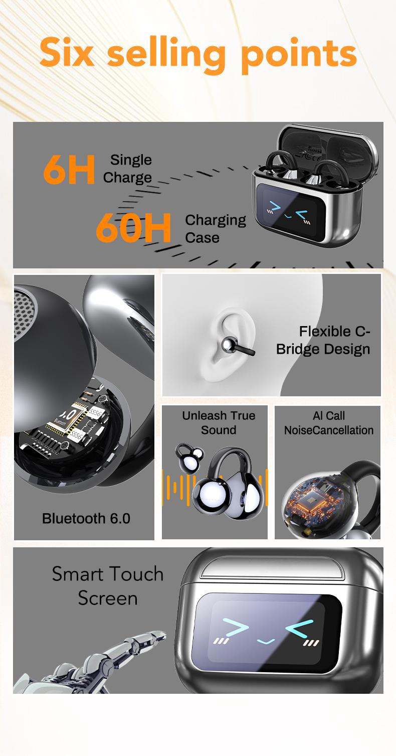 [Spring Deals] Tukio 2026 M100 Fashion Clip-On Earphones, featuring interchangeable earring accessories, an audio-visual touchscreen, and wireless audio transmission technology. Equipped with Bluetooth 6.0 for faster and more stable connections