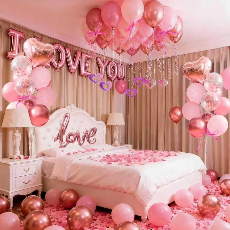 Valentines Day Balloons Kit with I Love You Balloons, 1000pcs Rose Petals and Heart Hanging for Anniversary Wedding Romantic Decorations Special Night
