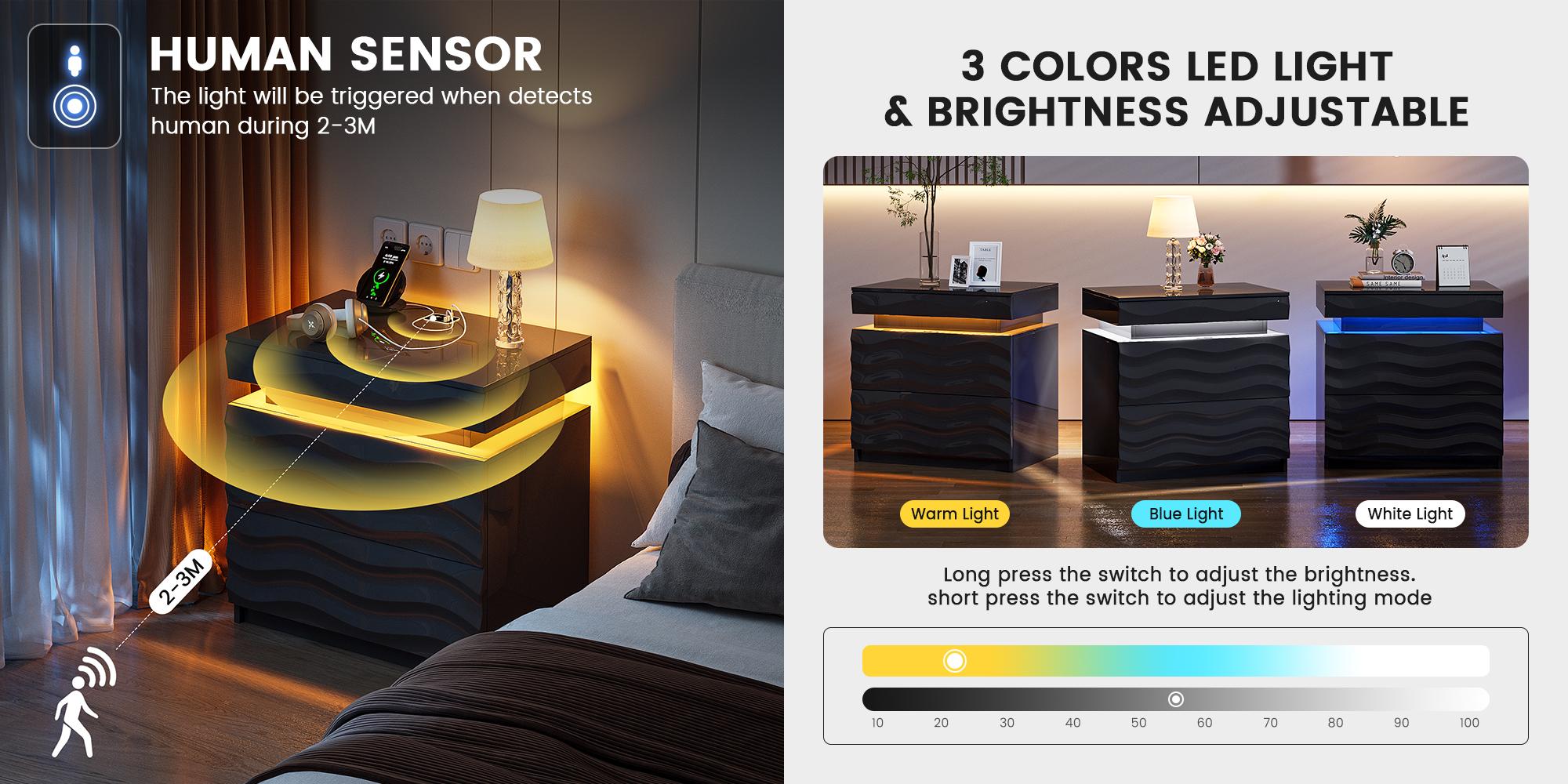 MIUvanity Large Nightstand with Wireless Charging Station, Auto Sensor 3 Color Dimmable Night Stand, Modern Bedside Table ,With Drawers for Bedroom，Dresser, End Table, Bedside Table, Bedroom Furniture for Living Room,LED Nightstand