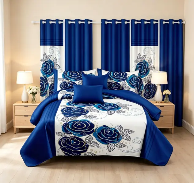 Royal Blue Gold Line Rose Print 9 Piece Bedding Set Soft Microfiber Bedspread Pillowcases and Curtains Combo All Season Farmhouse Bedroom Home Decor for Luxe Elegant Refresh