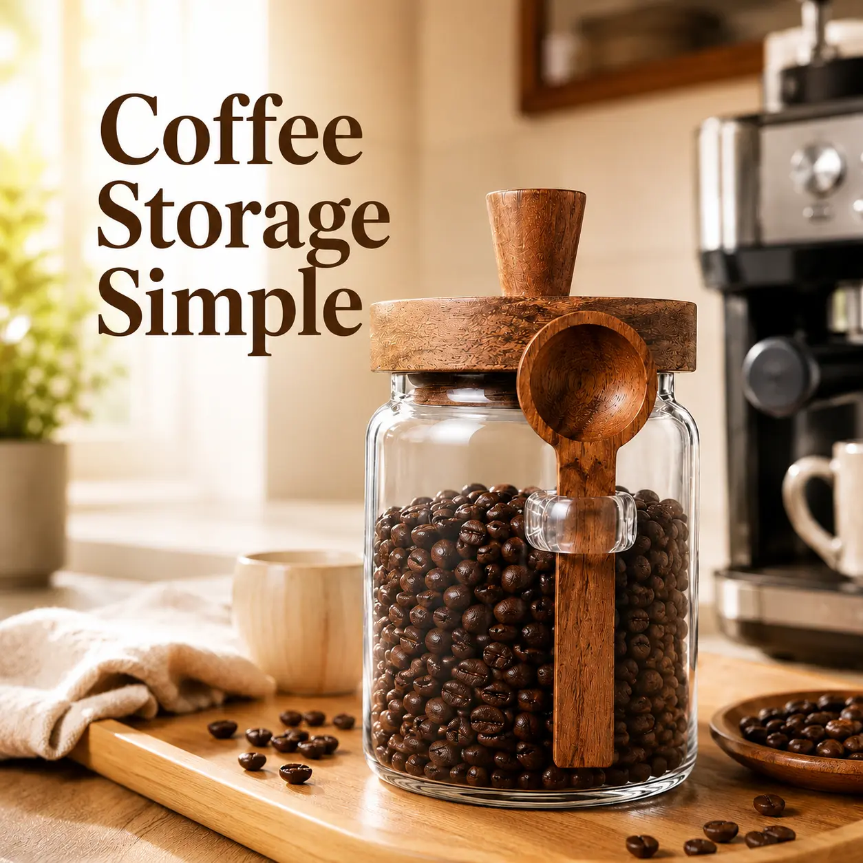 ONESHOW HOME Transparent Cylindrical Glass Canister with Decorative Wooden Lid and Spoon - Airtight Dustproof Storage Container for Coffee Beans, Tea, Sugar (Ideal for Coffee Lovers) | Mid-Year Sale Kitchen Essentials, Airtight Leak Proof, Cylindrical Jar