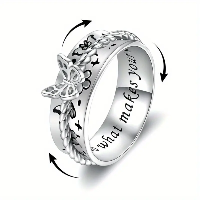 Women's Shiny Inlaid High-End Butterfly Rotating Fidget Ring - Anti Anxiety Costume Jewelry, Stress Relief Accessory with Twisting with Fingers Rotating Part, Everyday Meaningful Gift, Anti Anxiety Jewelry, Rings For Women, Anxiety Fidget Ring, Accessorie