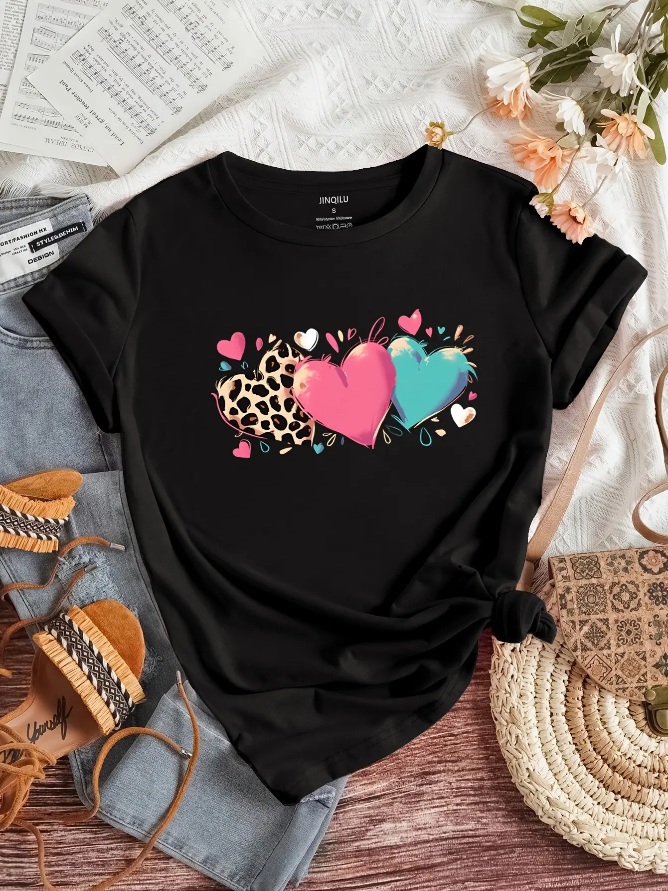 2025 New Love Printed T-Shirt: Comfortable breathable cotton, washable, various love print designs optional, loose versatile fit, suitable for daily casual & couple/bestie wear, 4-season applicable;