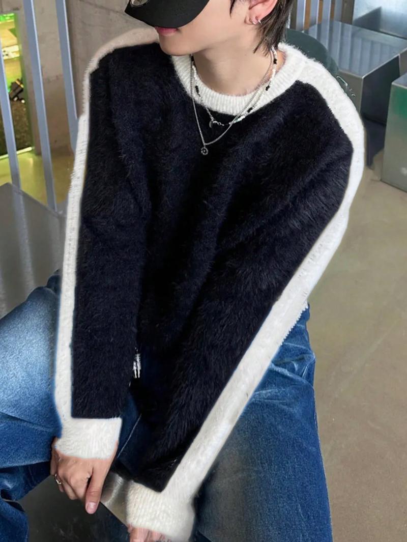 Sweaters for men - Men Loose Fit Contrast Knit Sweater Long Sleeve Crewneck for Fall Winter vacation clothes t shirts for men vintage clothing winter outfits y2k clothing sweater male clothes vacation outfit going out outfit y2k clothes outfits sweaters