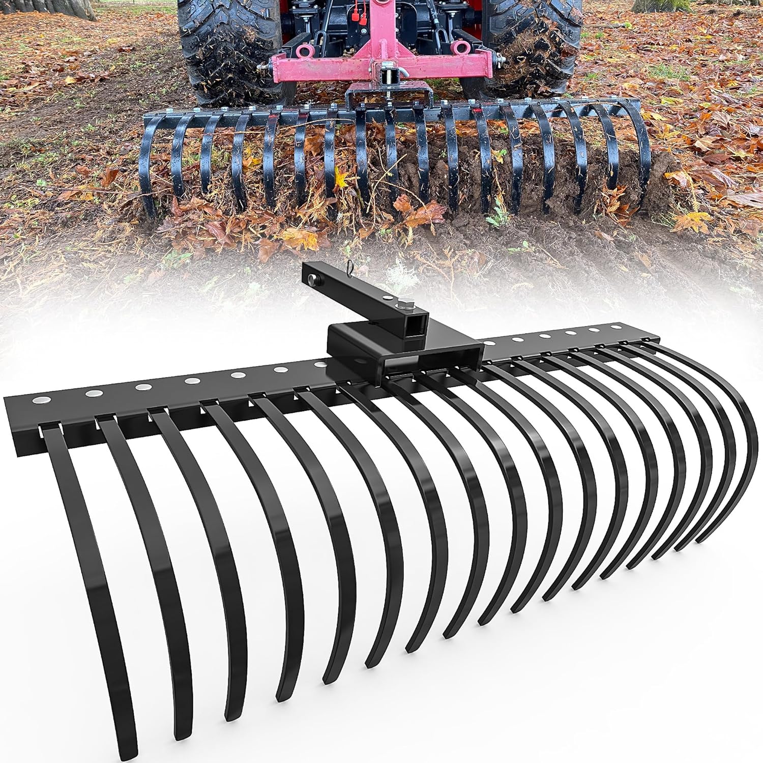 YITAMOTOR 48" / 60" Tow Behind Landscape Rake, 2" Receiver Lown Dethatcher Rack with 17 / 21 Steel Tines for ATV/UTV & 3-Point Hitch Systems Tractor, for Leaves, Debris, Grass, Pine Needles  Garden Manuallawnmower