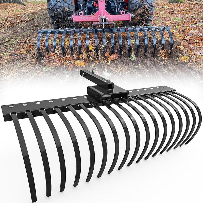 YITAMOTOR 48" / 60" Tow Behind Landscape Rake, 2" Receiver Lown Dethatcher Rack with 17 / 21 Steel Tines for ATV/UTV & 3-Point Hitch Systems Tractor, for Leaves, Debris, Grass, Pine Needles  Garden Manuallawnmower