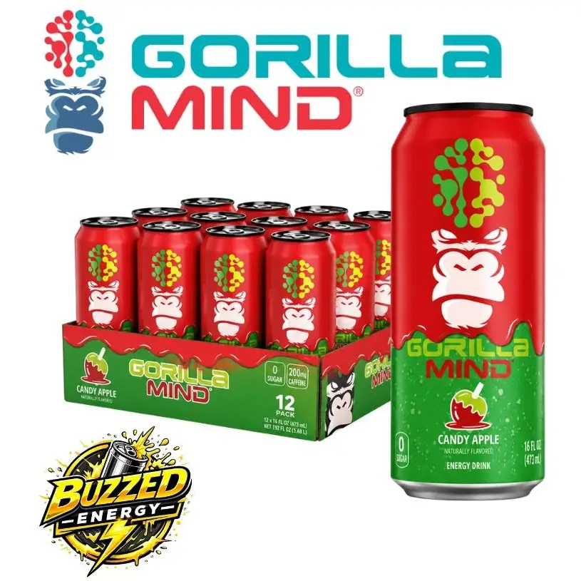 Gorilla Mind Sport Canned Energy Drinks - Sugar-Free, Gluten-Free, Non-GMO, 200mg Caffeine, Nootropic-Infused (Case of 12)
