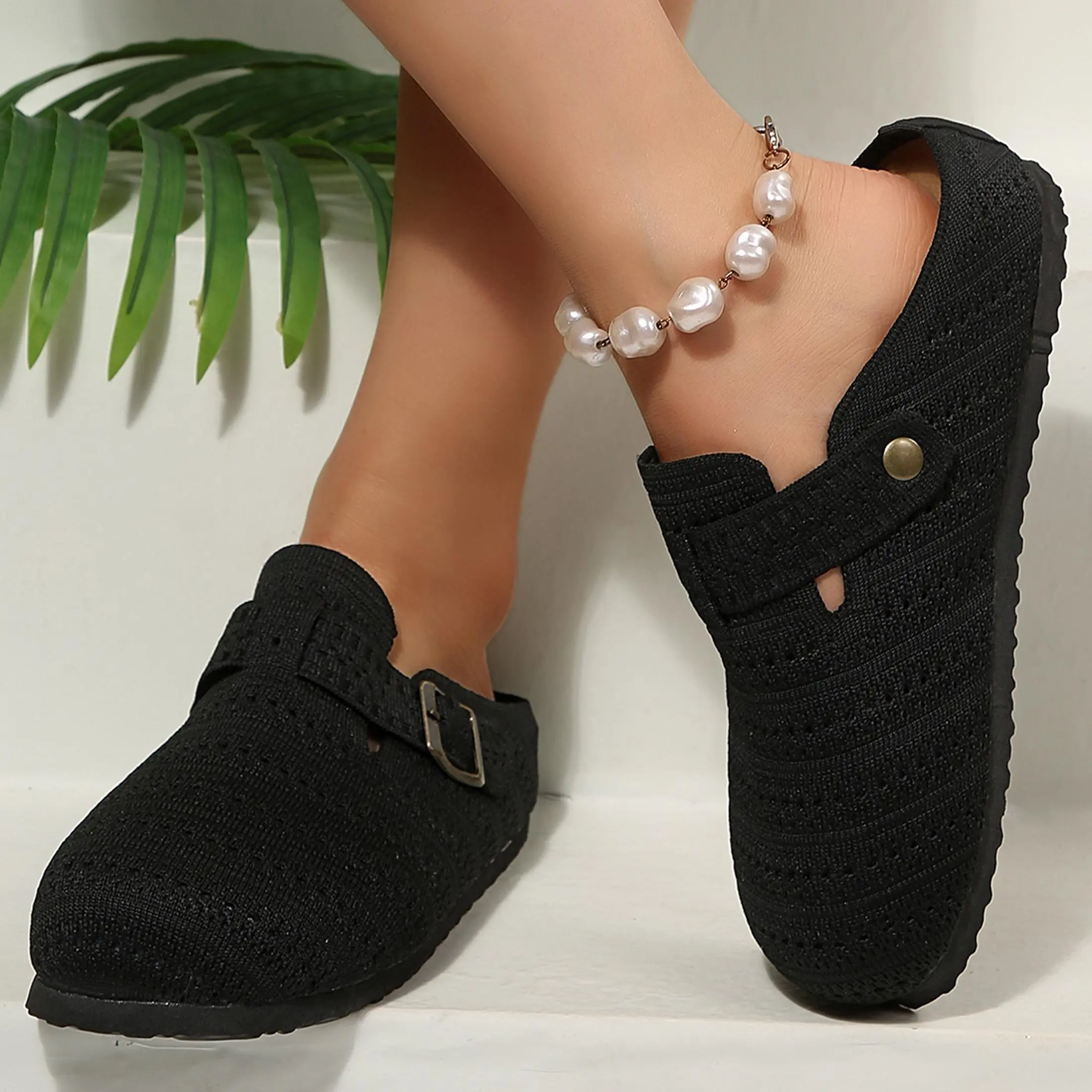Women's Sandals Knit Mules Water-Resistant Crochet Clogs Breathable Backless Slip-Ons Indoor Outdoor Shoes Springfresh
